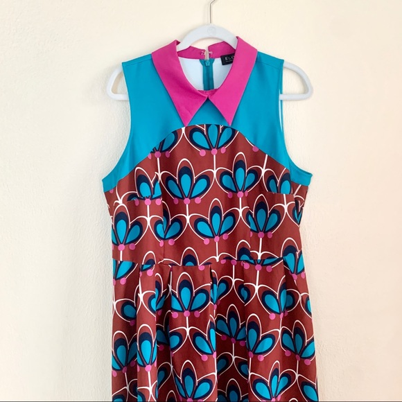 Eloquii *RARE* Knee Length Mod Print Dress Size 16 Collar Sleeveless Fit & Flare - Picture 2 of 6